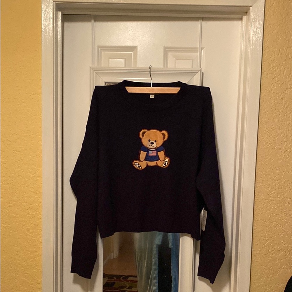 Blue Crew Neck Sweater with Teddy Bear Graphic